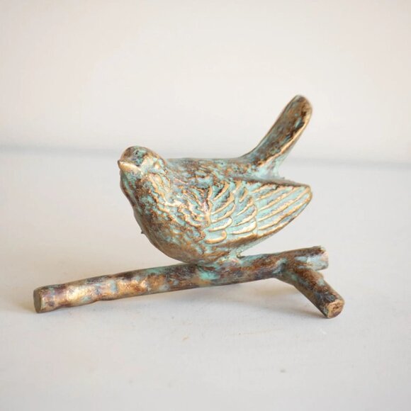 Bird on Branch Figurine Paperweight Verdigris Turquoise Antique Bronze C… - Picture 3 of 8